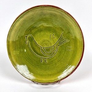 Dorothy Long Pottery Redware Plate 1984 Green Glaze Folk Art Bird Sgraffiti